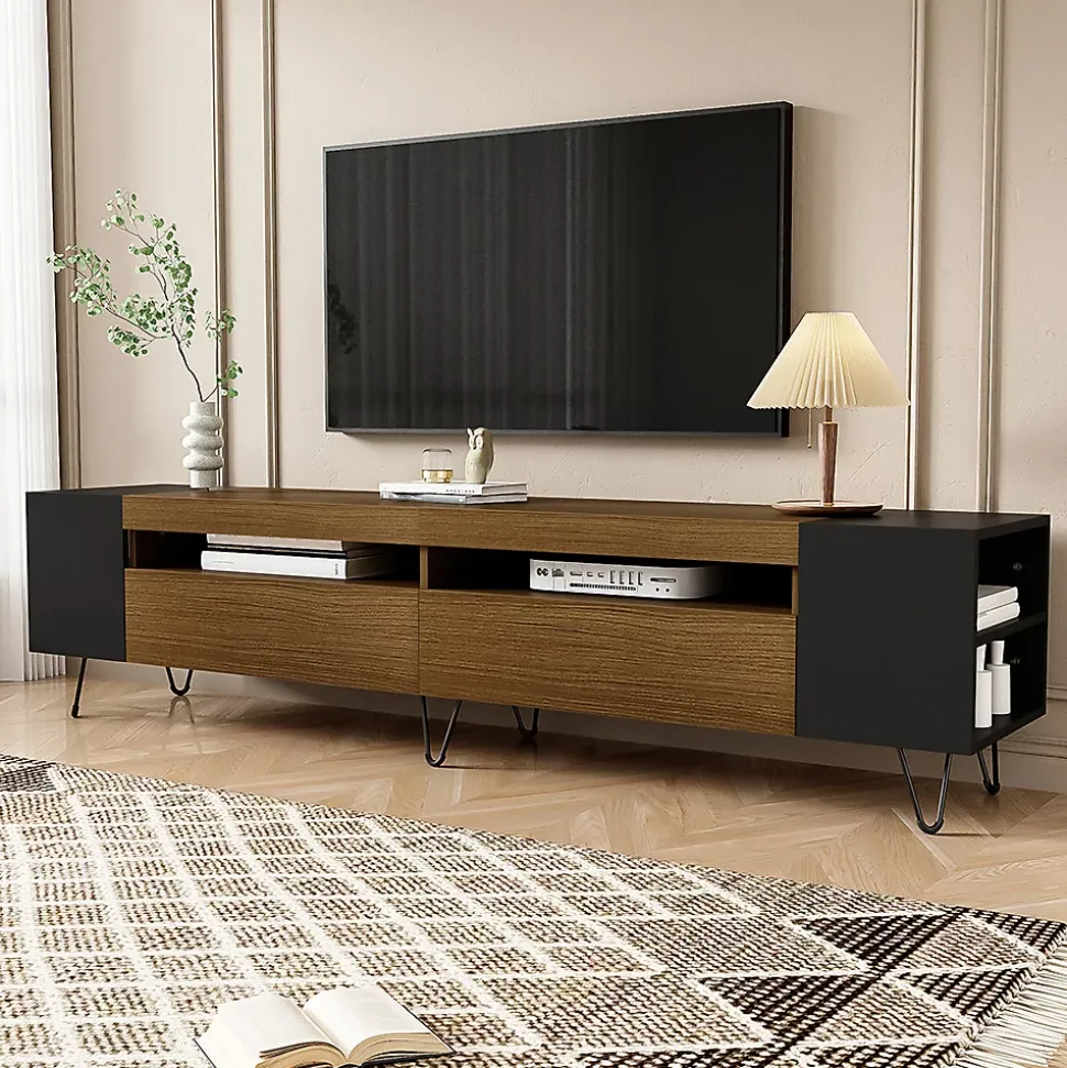 Meuble TV 180cm noir aspect bois design contemporain salon