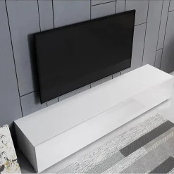Meuble TV contemporain - Blanc mat & porte brillante - 3 compartiments - Avec pieds - L 180 x P 40 x H 32 cm
