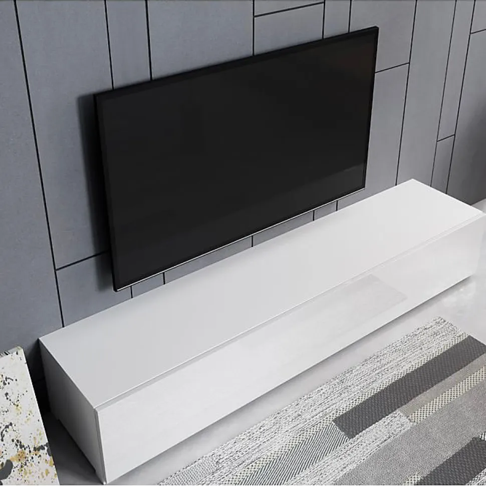 Meuble TV contemporain - Blanc mat & porte brillante - 3 compartiments - Avec pieds - L 180 x P 40 x H 32 cm
