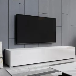 Meuble TV contemporain - Blanc mat & porte brillante - 3 compartiments - Avec pieds - L 180 x P 40 x H 32 cm