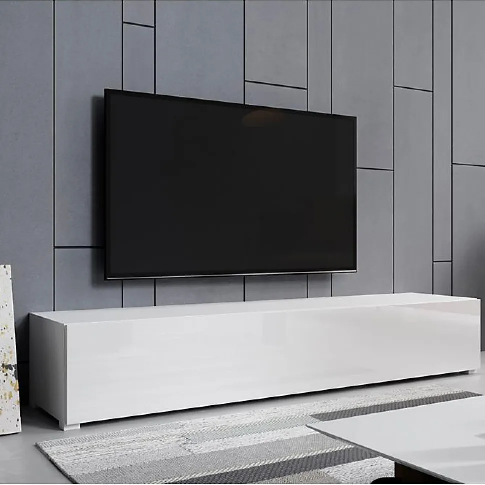 Meuble TV contemporain - Blanc mat & porte brillante - 3 compartiments - Avec pieds - L 180 x P 40 x H 32 cm