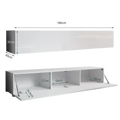 Meuble TV contemporain - Blanc mat & porte brillante - 3 compartiments - Avec pieds - L 180 x P 40 x H 32 cm