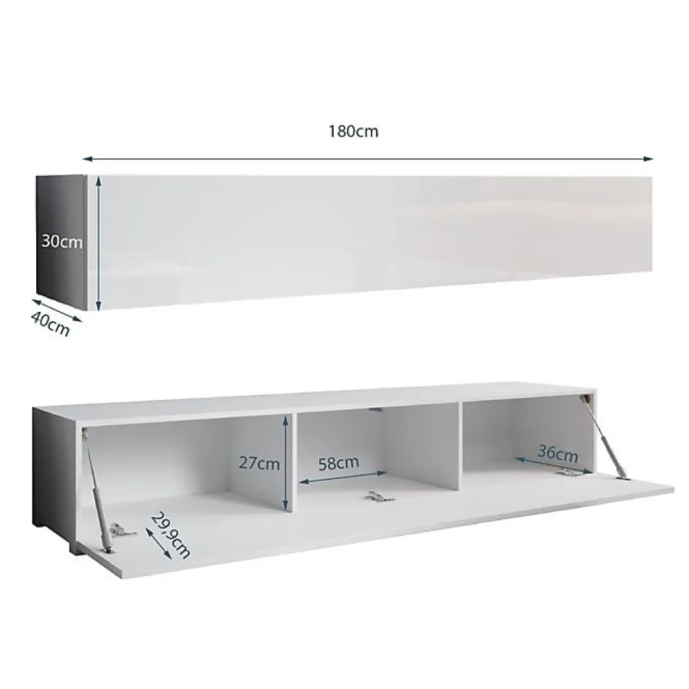 Meuble TV contemporain - Blanc mat & porte brillante - 3 compartiments - Avec pieds - L 180 x P 40 x H 32 cm
