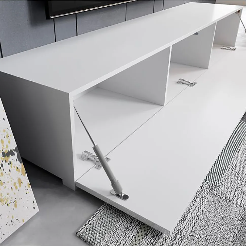 Meuble TV contemporain - Blanc mat & porte brillante - 3 compartiments - Avec pieds - L 180 x P 40 x H 32 cm