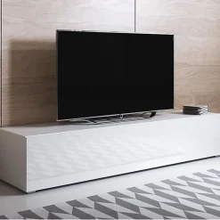Meuble TV contemporain - Blanc brillant - 3 compartiments - Bois - 160x32x40 cm