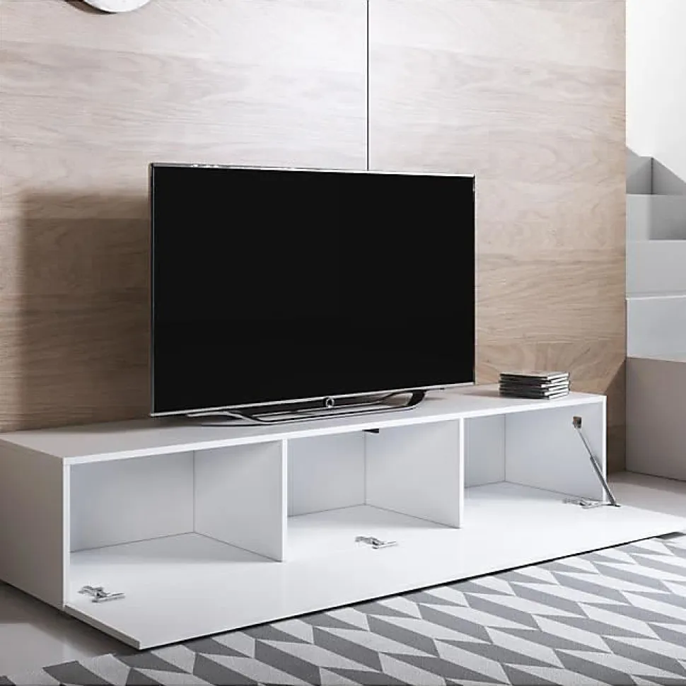 Meuble TV contemporain - Blanc brillant - 3 compartiments - Bois - 160x32x40 cm