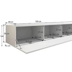 Meuble TV contemporain - Blanc brillant - 3 compartiments - Bois - 160x32x40 cm