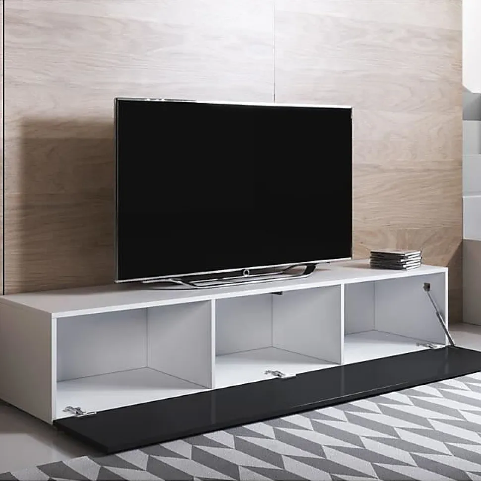 Meuble TV contemporain - Blanc brillant - Mélamine - 1 porte - 160 x 32 x 40 cm