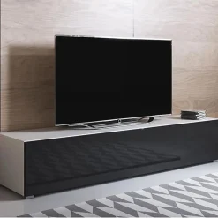Meuble TV contemporain - Blanc brillant - Mélamine - 1 porte - 160 x 32 x 40 cm