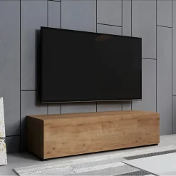Meuble TV contemporain - Chêne mat - 1 porte, 2 compartiments - Mélamine/MDF - Lot 1 - L 120 x P 40 x H 32 cm