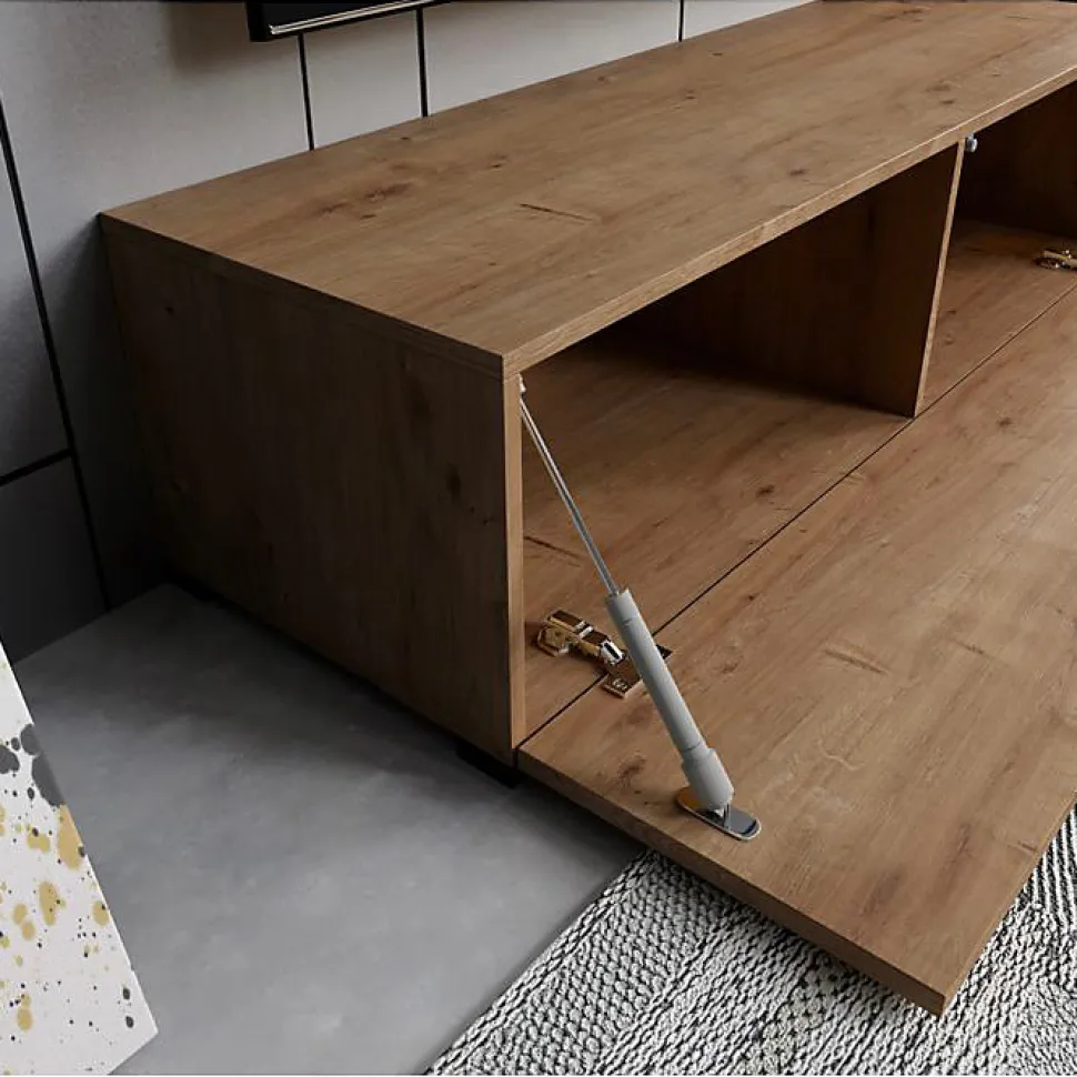 Meuble TV contemporain - Chêne mat - 1 porte, 2 compartiments - Mélamine/MDF - Lot 1 - L 120 x P 40 x H 32 cm