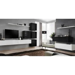 Meuble TV contemporain - Mélamine brillante - Noir - 2 compartiments - 120 x 30 x 40 cm