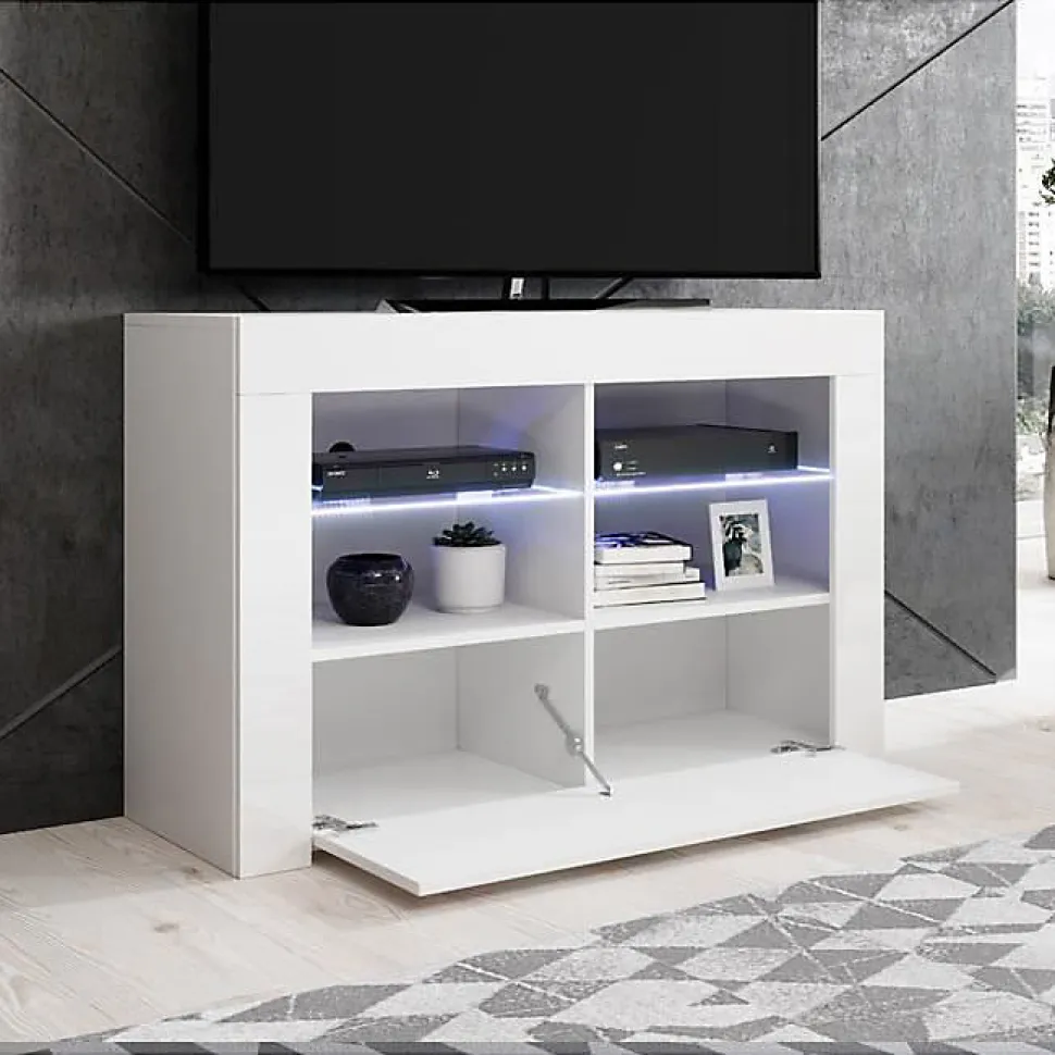 Meuble TV contemporain - Mélaminé blanc brillant - LED bleue - 1 porte, 6 compartiments - 100 x 65 x 35 cm