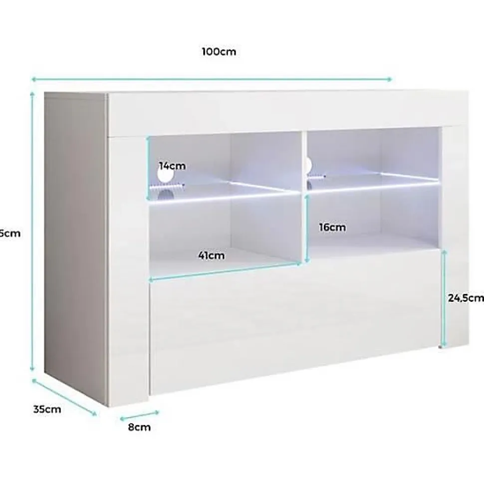 Meuble TV contemporain - Mélaminé blanc brillant - LED bleue - 1 porte, 6 compartiments - 100 x 65 x 35 cm