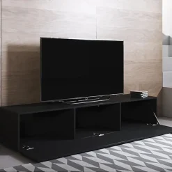 Meuble TV contemporain - Noir brillant - 3 compartiments - 160x32x40 cm