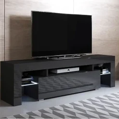 Meuble TV contemporain - Noir brillant - LED RGB - 2 tiroirs - 160x30x38,5 cm