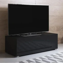Meuble TV contemporain - Noir brillant - Mélamine - 100x32x40 cm