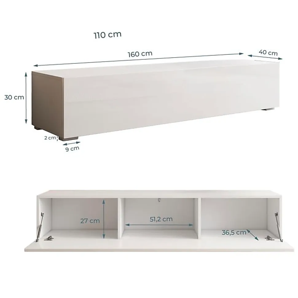 Meuble TV contemporain avec pieds - Blanc, MDF/PVC - 3 compartiments - 160x40x32 cm