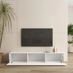 Meuble TV contemporain avec pieds - Blanc, MDF/PVC - 3 compartiments - 160x40x32 cm
