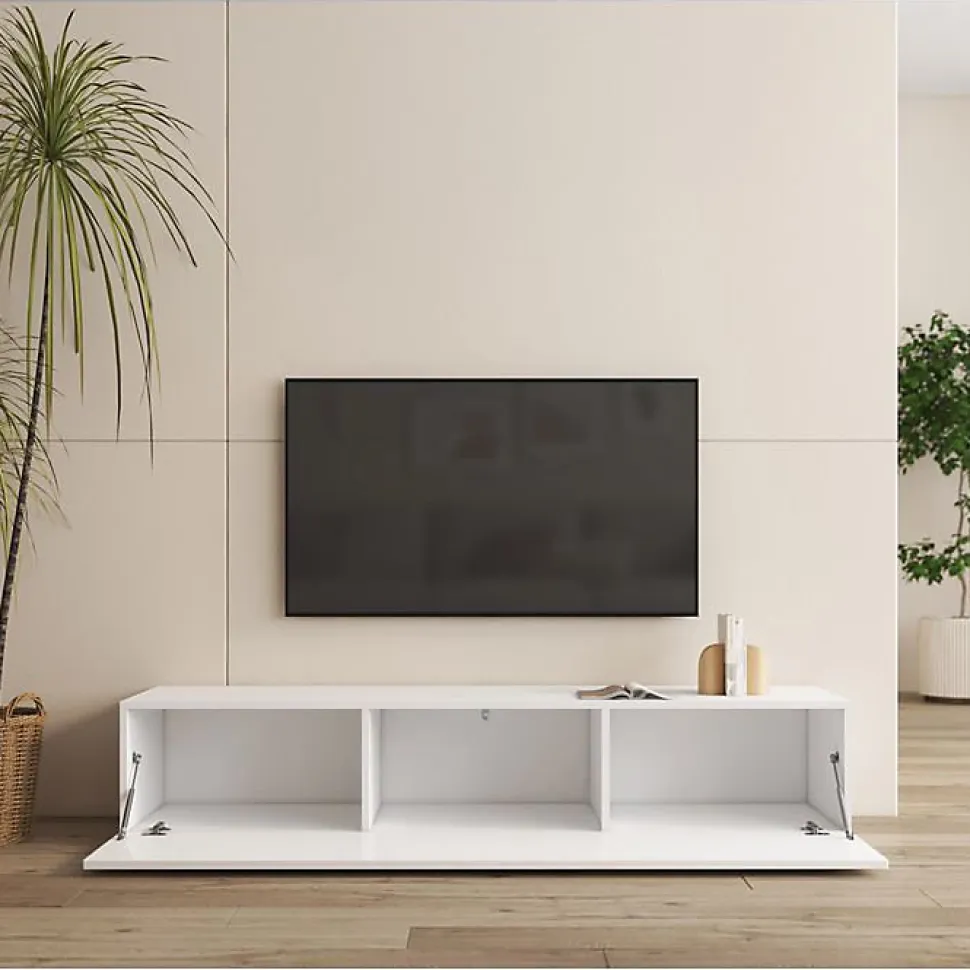 Meuble TV contemporain avec pieds - Blanc, MDF/PVC - 3 compartiments - 160x40x32 cm