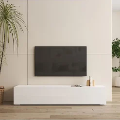 Meuble TV contemporain avec pieds - Blanc, MDF/PVC - 3 compartiments - 160x40x32 cm