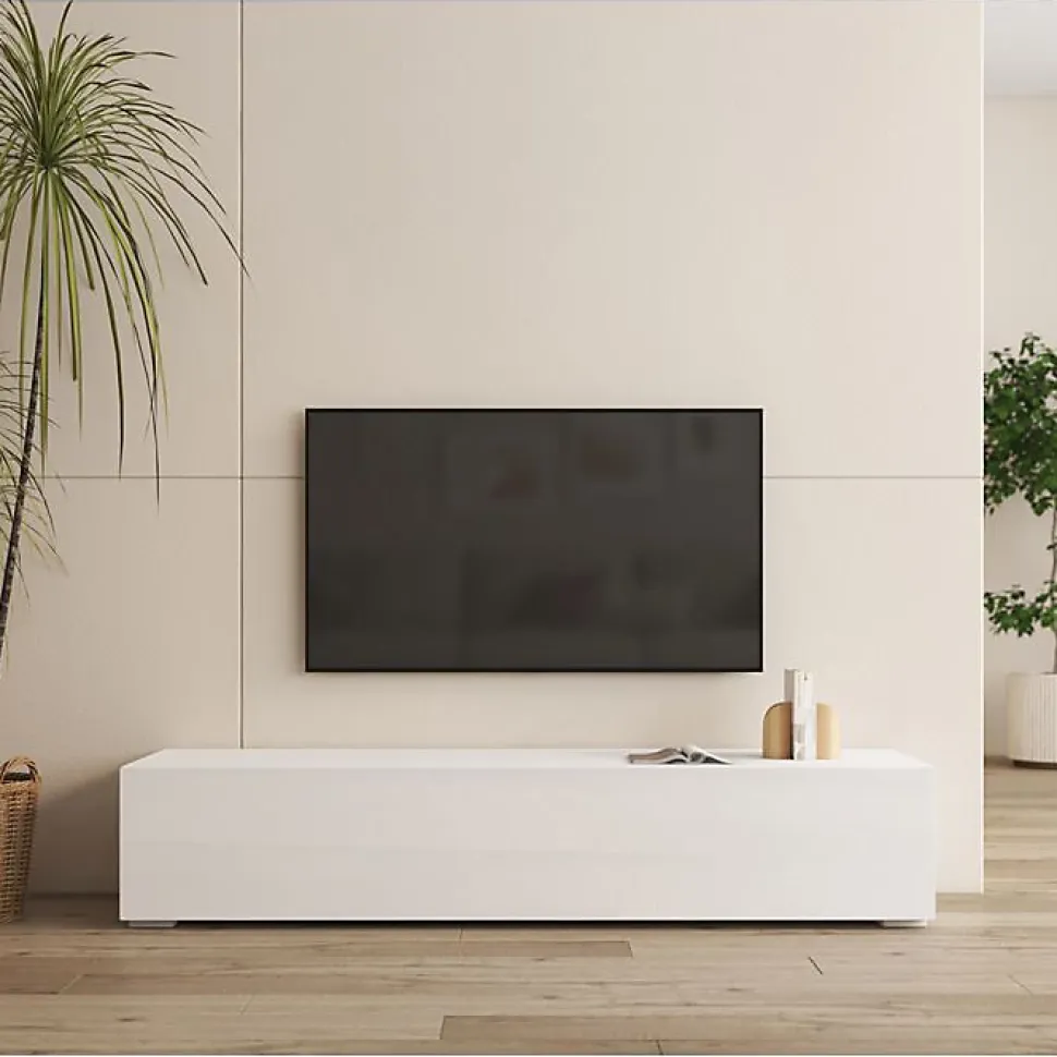 Meuble TV contemporain avec pieds - Blanc, MDF/PVC - 3 compartiments - 160x40x32 cm