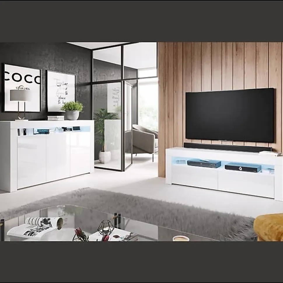 Meuble TV contemporain LED - Blanc brillant - Mélamine - 2 portes, 2 compartiments - 140 x 50,5 x 35 cm