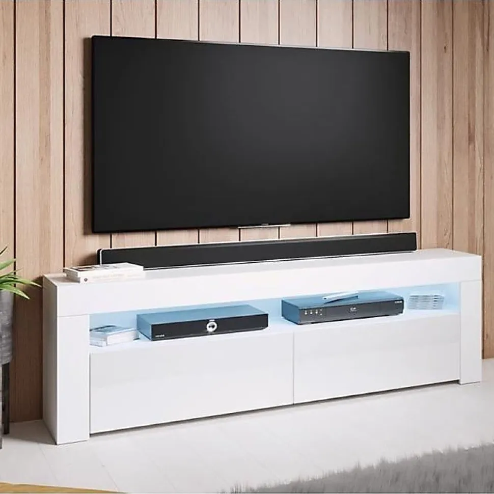 Meuble TV contemporain LED - Blanc brillant - Mélamine - 2 portes, 2 compartiments - 140 x 50,5 x 35 cm