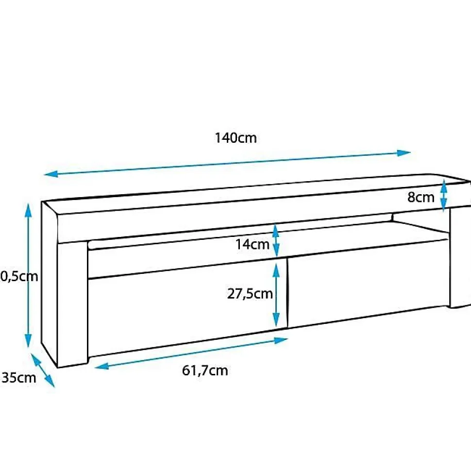 Meuble TV contemporain LED - Blanc brillant - Mélamine - 2 portes, 2 compartiments - 140 x 50,5 x 35 cm