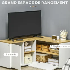 Meuble TV d'angle banc TV en L 2 portes 3 niches panneaux aspect bois chêne clair blanc