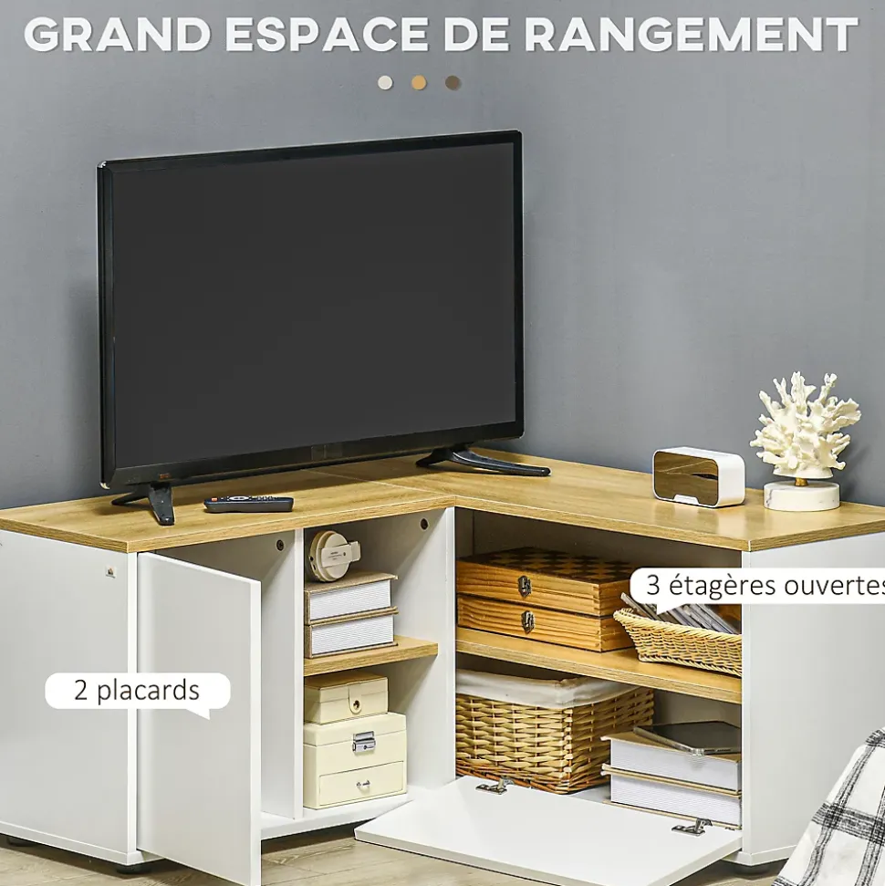 Meuble TV d'angle banc TV en L 2 portes 3 niches panneaux aspect bois chêne clair blanc