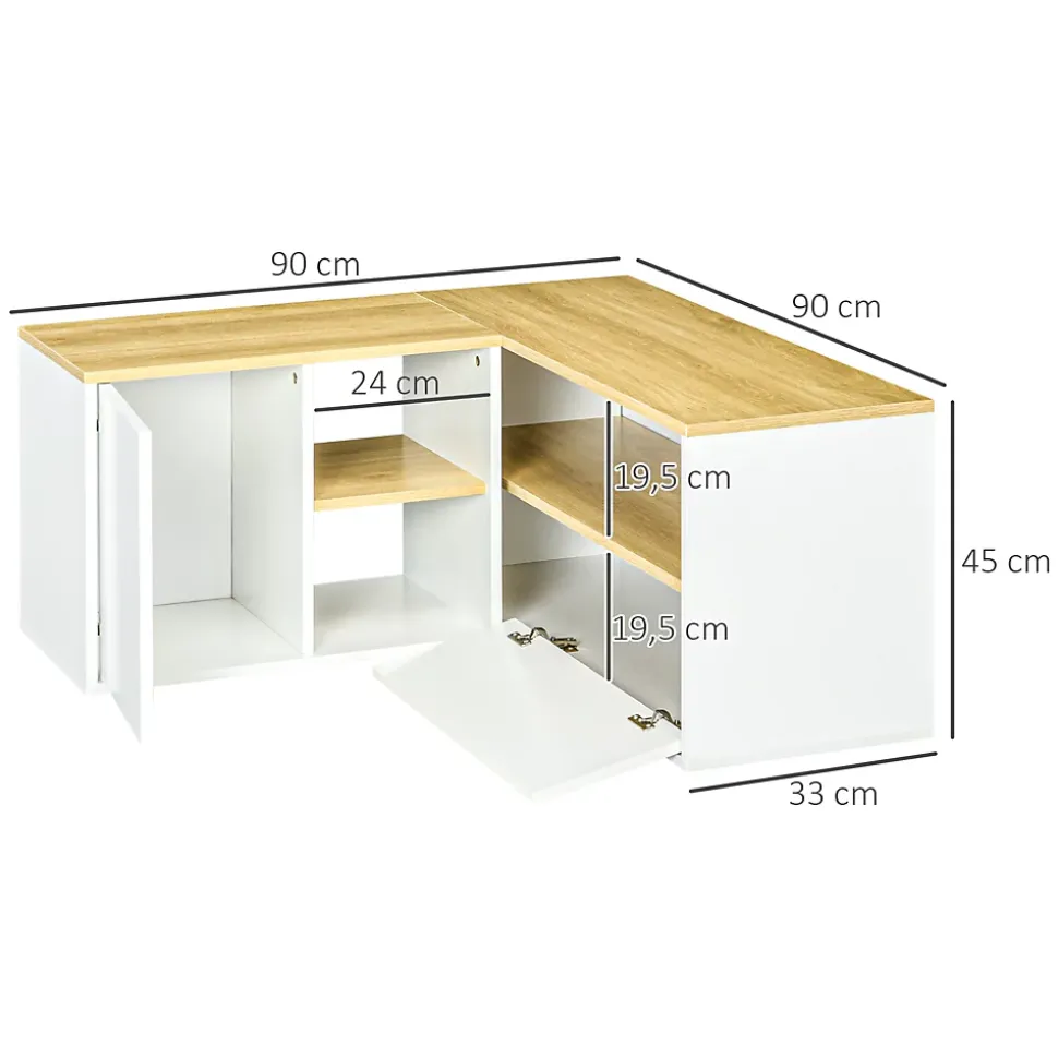 Meuble TV d'angle banc TV en L 2 portes 3 niches panneaux aspect bois chêne clair blanc