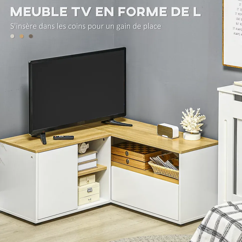 Meuble TV d'angle banc TV en L 2 portes 3 niches panneaux aspect bois chêne clair blanc