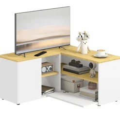 Meuble TV d'angle banc TV en L 2 portes 3 niches panneaux aspect bois chêne clair blanc