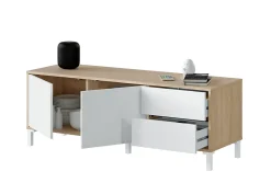 Meuble TV Dayha, Buffet pour télévision avec 2 portes, Meuble TV de salon, Buffet pour salon, 130x41h47 cm, Chêne et Blanc