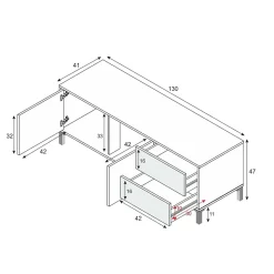 Meuble TV Dayha, Buffet pour télévision avec 2 portes, Meuble TV de salon, Buffet pour salon, 130x41h47 cm, Chêne et Blanc