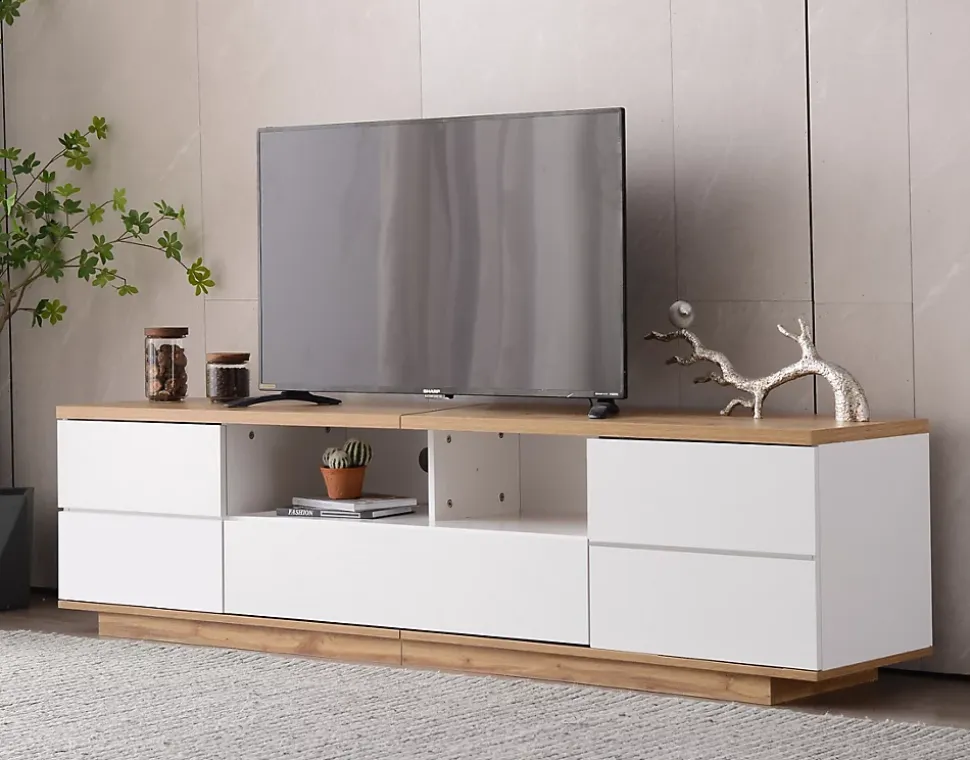 Meuble TV Design 180 Cm - Style Bloc De Couleur Blanc Et Bois - Meuble Téléviseur Élégant