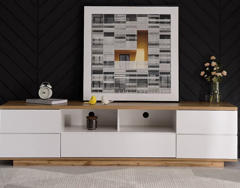 Meuble TV Design 180 Cm - Style Bloc De Couleur Blanc Et Bois - Meuble Téléviseur Élégant