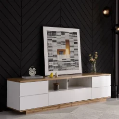 Meuble TV Design 180 Cm - Style Bloc De Couleur Blanc Et Bois - Meuble Téléviseur Élégant