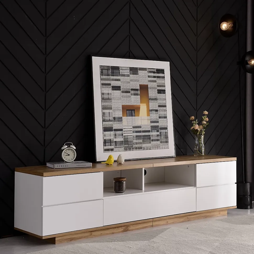 Meuble TV Design 180 Cm - Style Bloc De Couleur Blanc Et Bois - Meuble Téléviseur Élégant