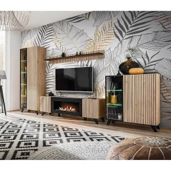 Meuble TV design avec cheminée décorative coloris chene et noir collection NIELSEN.