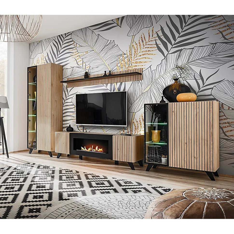 Meuble TV design avec cheminée décorative coloris chene et noir collection NIELSEN.