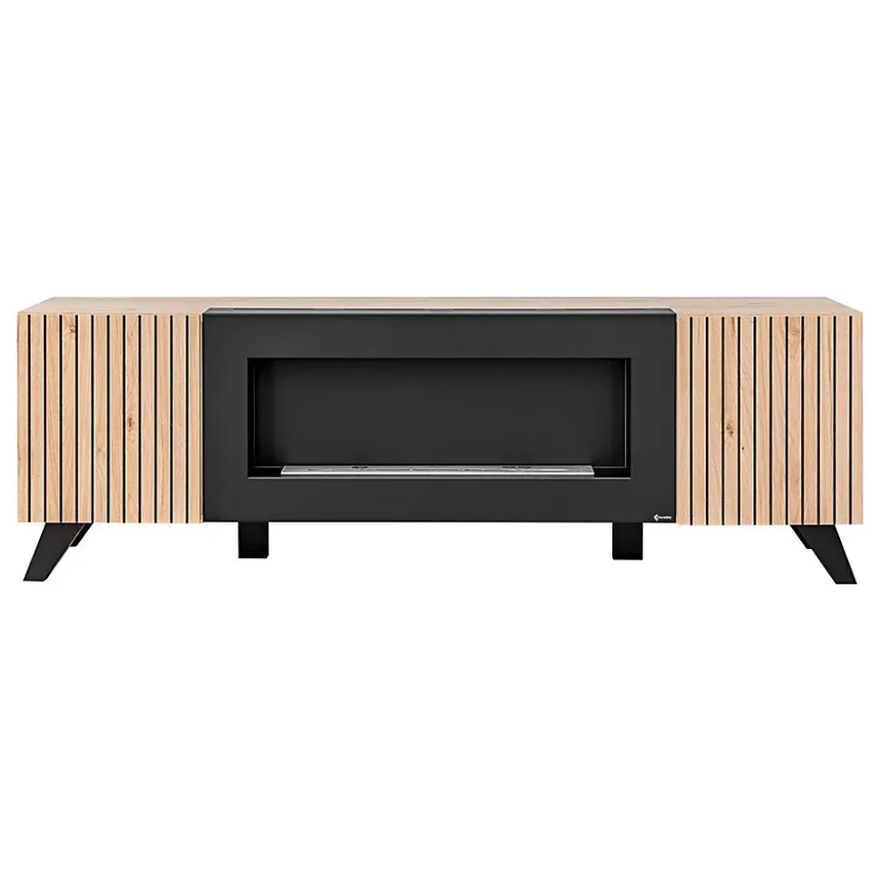 Meuble TV design avec cheminée décorative coloris chene et noir collection NIELSEN.