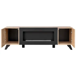 Meuble TV design avec cheminée décorative coloris chene et noir collection NIELSEN.