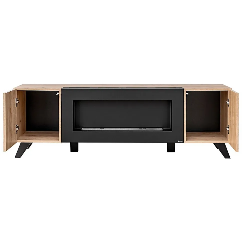 Meuble TV design avec cheminée décorative coloris chene et noir collection NIELSEN.