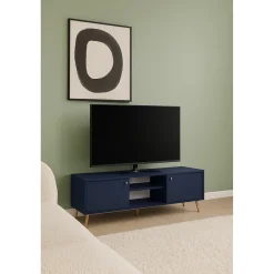 Meuble TV design AZUREA 2 portes & 2 niches Bleu profond 156x55x41 cm