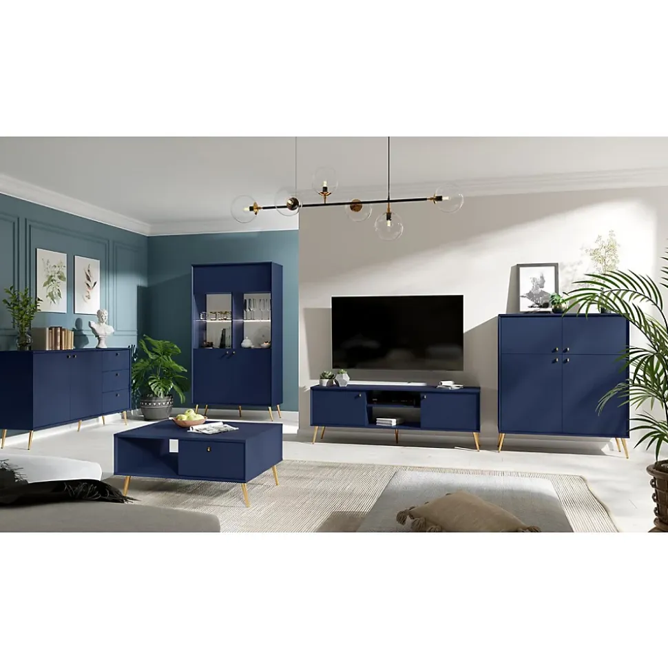 Meuble TV design AZUREA 2 portes & 2 niches Bleu profond 156x55x41 cm