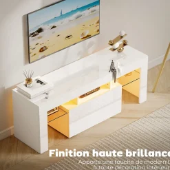Meuble TV design blanc laqué LED réglable - 2 étagères verre trempé, niche, porte - dim. 120 x 34 x 45 cm