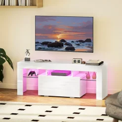 Meuble TV design blanc laqué LED réglable - 2 étagères verre trempé, niche, porte - dim. 120 x 34 x 45 cm