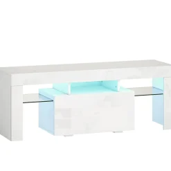 Meuble TV design blanc laqué LED réglable - 2 étagères verre trempé, niche, porte - dim. 120 x 34 x 45 cm
